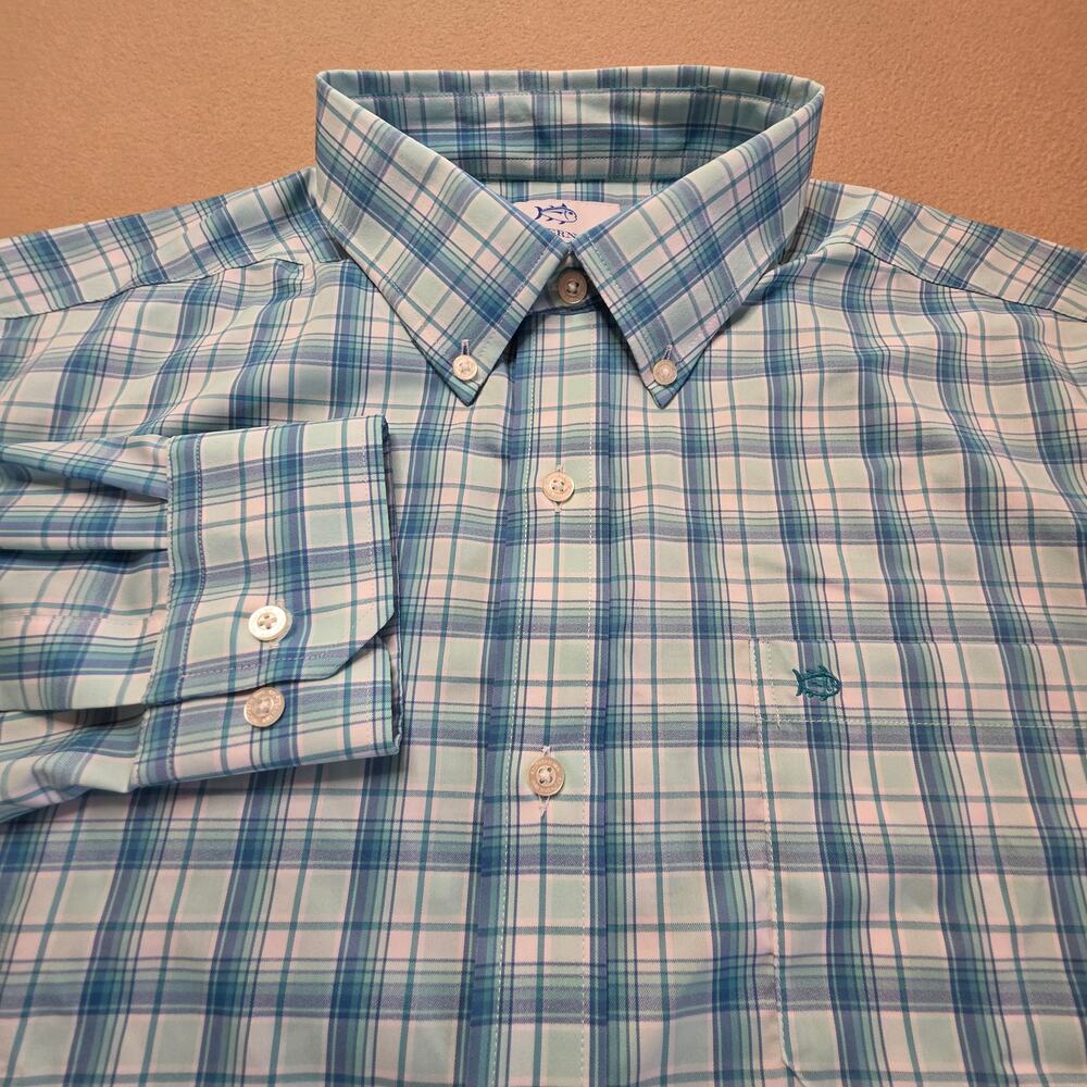 Southern Tide Interecoastal Performance Plaid Sport Shirt Green Teal Sz Large